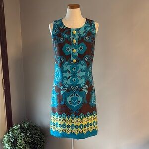 Elizabeth Howard linen abstract print sheath dress sleeveless round neck size 6
